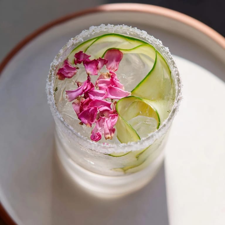 A cool, refreshing Gewürzgurken Margarita sparkling in a salted glass, garnished with pink petals.