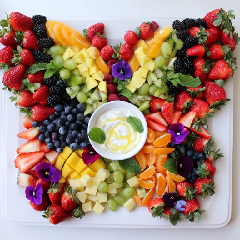 Enjoy a healthy and delicious butterfly garden fruit board, complete with creamy yogurt dip.