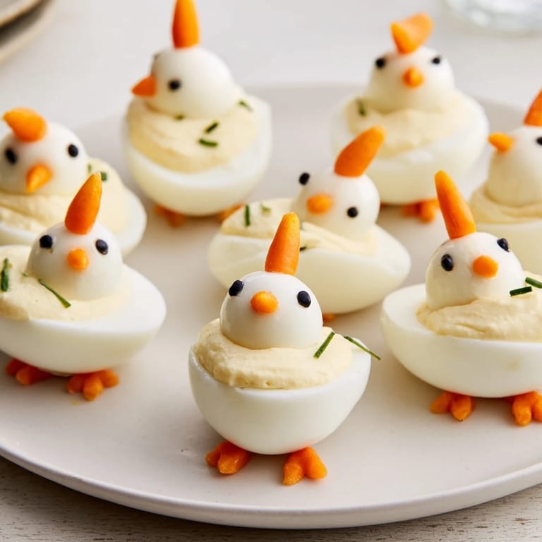 Up-close view of the finished Chick & Duckling Snacks, showcasing bright carrot beaks and playful presentations for kids.