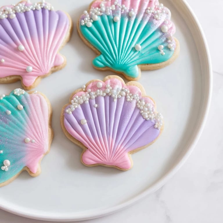 Freshly baked Seashell Sweets: whimsical sugar cookies with shimmering pastel icing for a delightful treat.