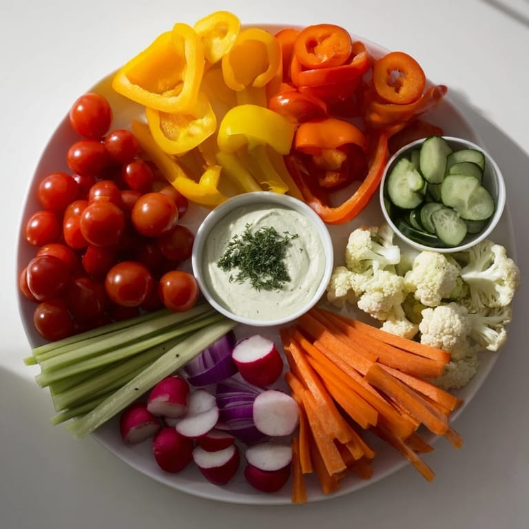Bright, freshly cut vegetables alongside bowls of flavorful Rainbow Vegetable Dips for dipping.