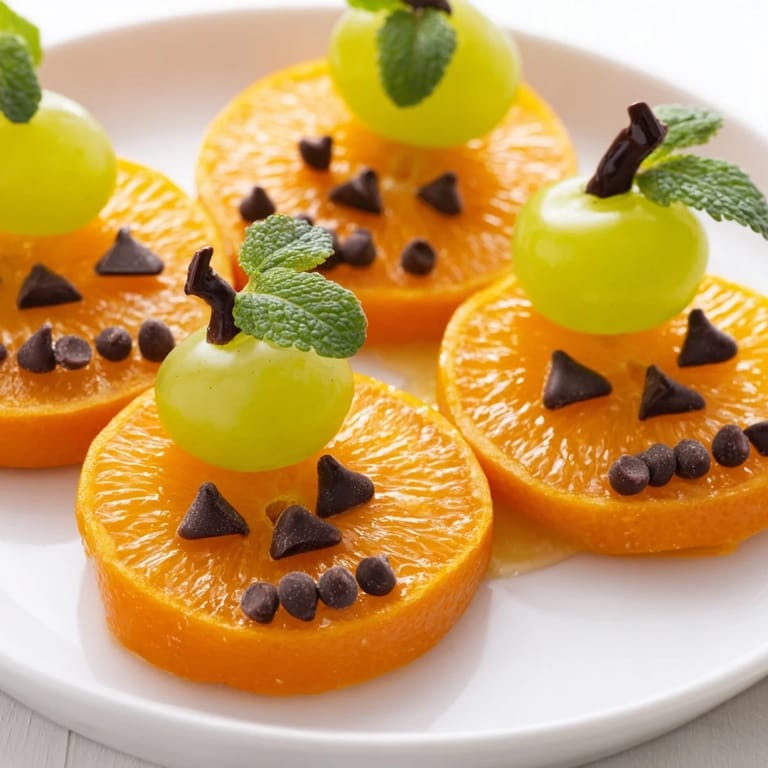 Freshly assembled Pumpkin Patch Orange Slices, featuring grape stems, ready for a healthy snack.