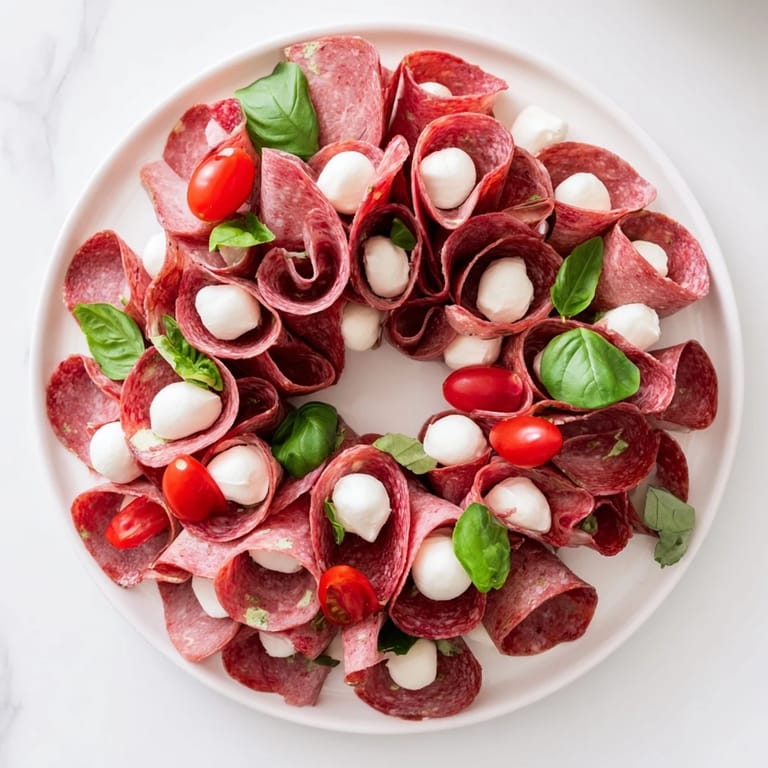 Folded Salami Wreath: A close-up view of the simple, elegant arrangement on a serving platter.
