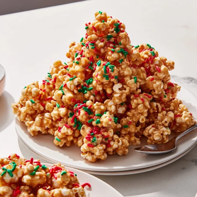 Sweet and crunchy popcorn piles, coated in a sticky glaze with vibrant red and green sprinkles.