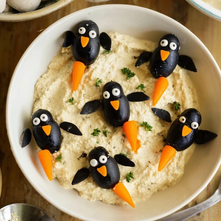 Festive Winter Dip: White Bean Dip with cute olive penguins ready to be scooped up with crackers.