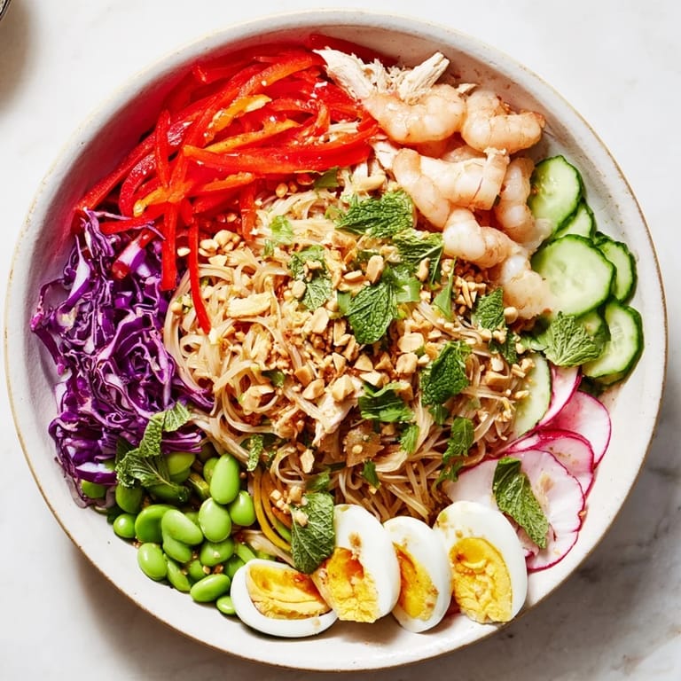 Vibrant Asian Fusion Noodle Bowl with colorful vegetables, perfect for sharing and flavorful dipping.