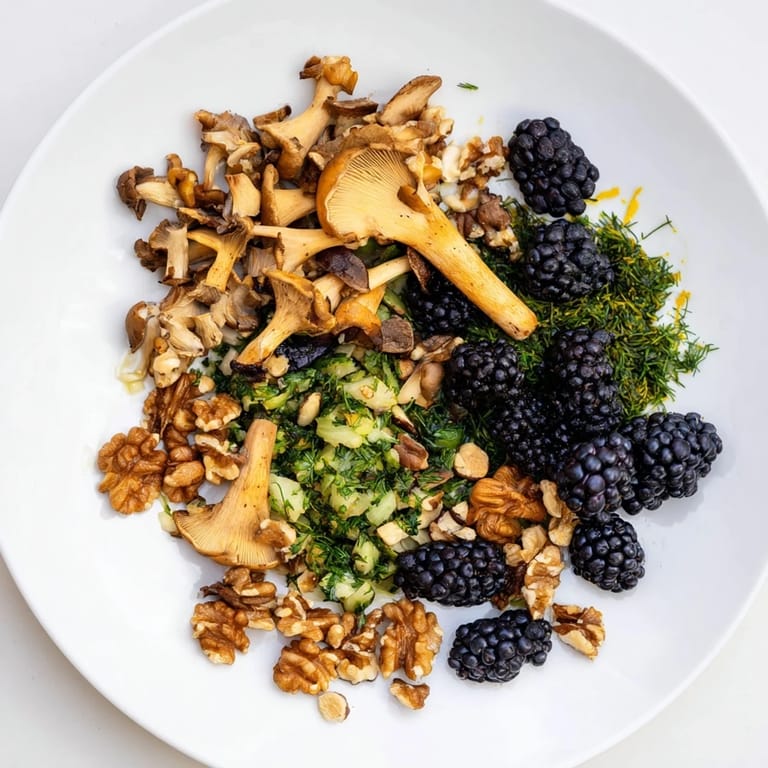 Visually appealing Northwest Forest Forager appetizer with earthy mushrooms, toasted nuts, and berries.