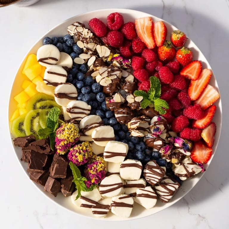 Vibrant close-up of The Sweet Dessert Decadence, arranged with fruits and chocolates, ready to serve.