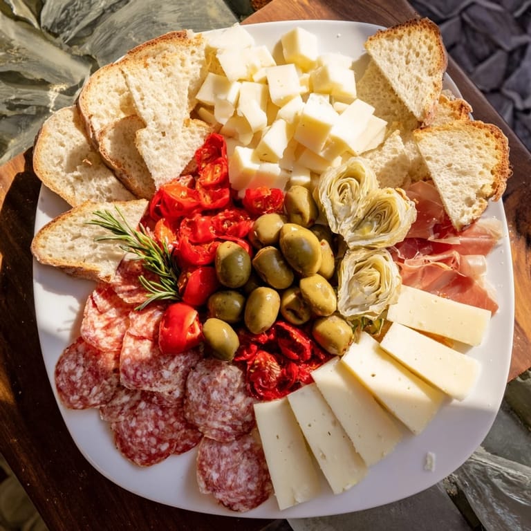 Ein köstliches Rustikales italienisches Bauernbrett mit Oliven und aromatischen Kräutern serviert.