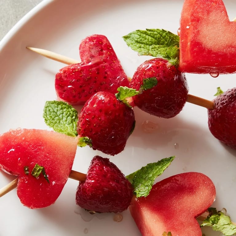 Close-up of vibrant red heart fruit skewers, showing strawberries, raspberries, and watermelon ready to eat.