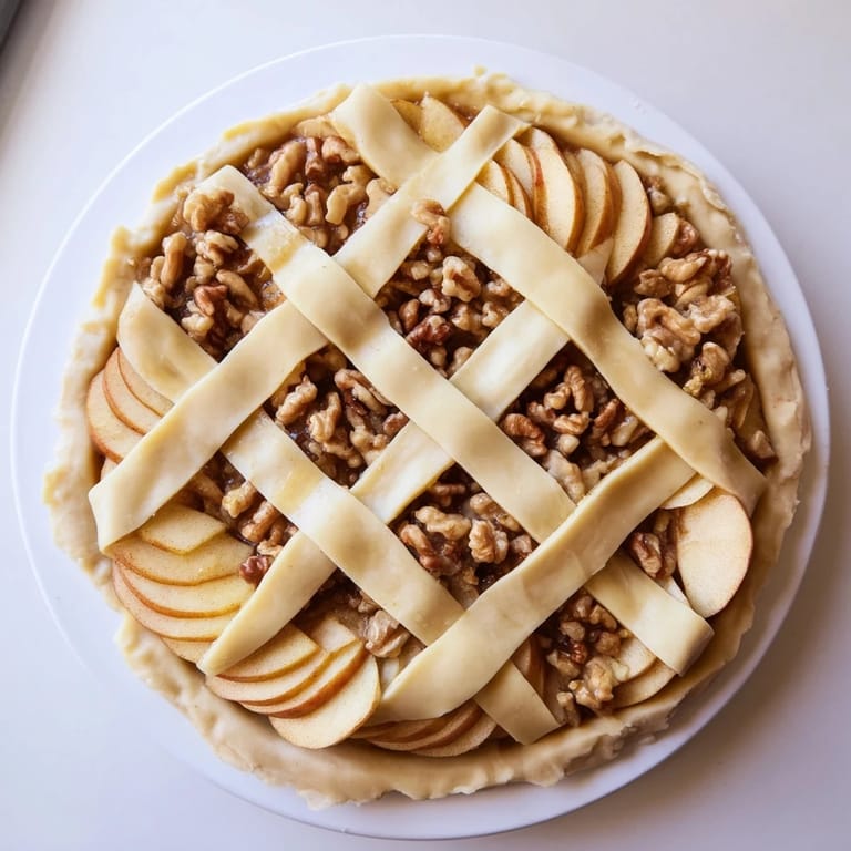 Close-up of a warm slice of Lattice Orchard, revealing layers of apples and a syrupy interior.