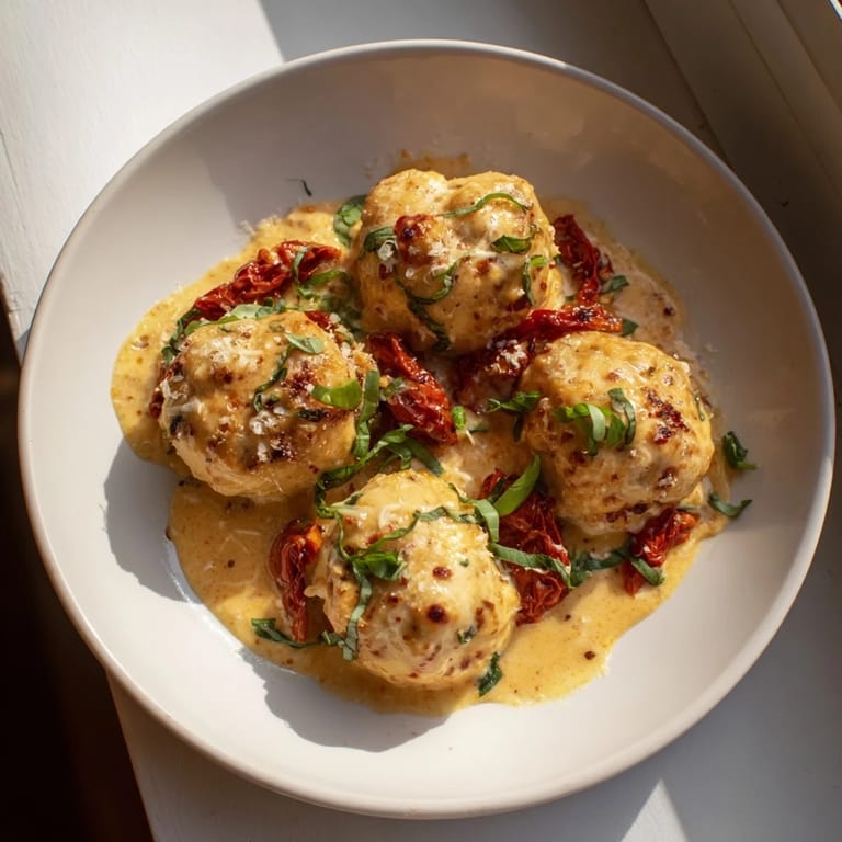 Delicious Marry Me Chicken Meatballs, presented in a skillet, garnished with fresh basil, for a romantic dinner.