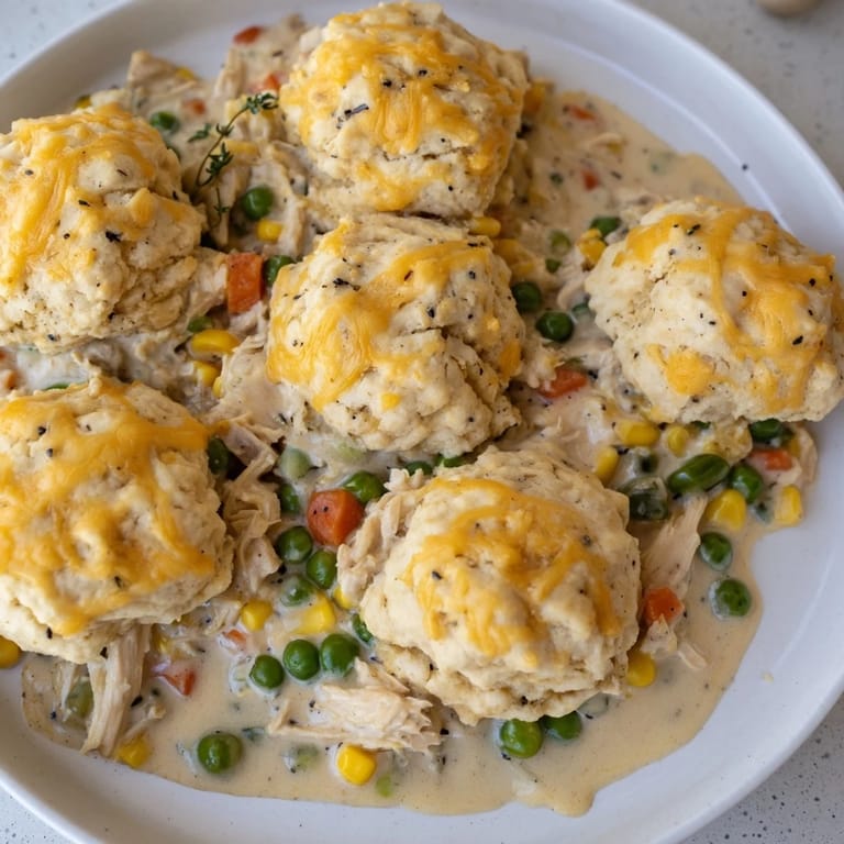 Close-up of a Chicken Cobbler with Red Lobster Mix: a hearty, comforting American casserole.