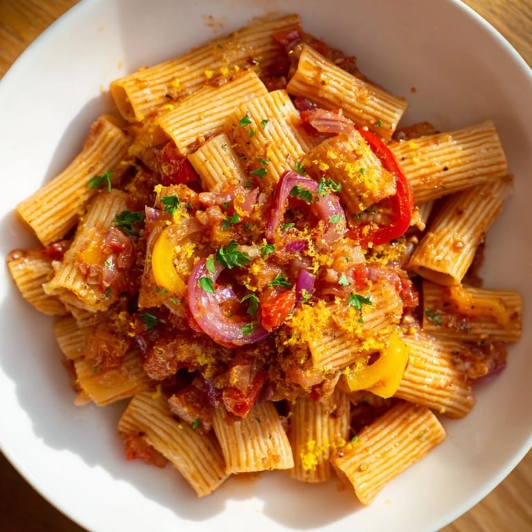 Steaming bowl of One-Pot Diavola Spicy Pasta, with vibrant red sauce and fresh herbs, ready to serve.