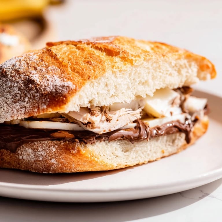 Golden brown Nutella grilled cheese with chicken sandwich showing layers of chicken, brie, and sweet Nutella.