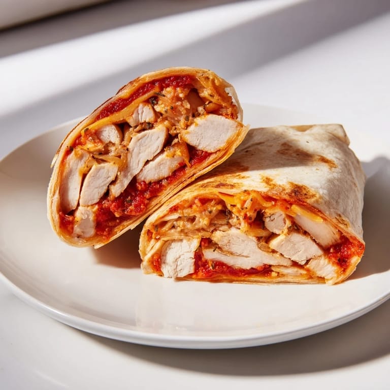 Delicious Tortilla Pizza Wrap with Chicken has a savory aroma, topped with herbs, mozzarella, and chicken.