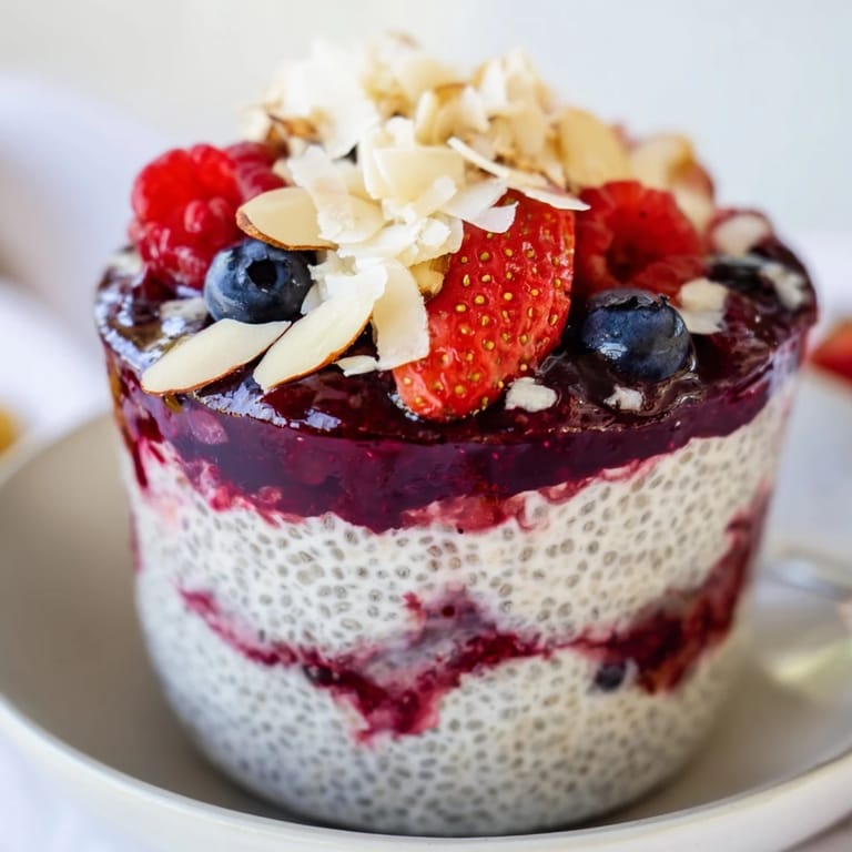 Delicious, vegan Berry Chia Pudding topped with coconut flakes and almonds, great for breakfast.