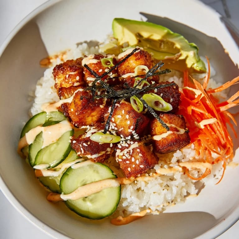 Tender salmon bites nestled over rice, with avocado slices, creating a delicious bowl of goodness.