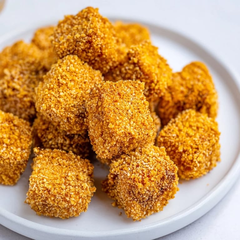 Close-up of crispy tofu nuggets, seasoned and perfectly browned, a delicious vegan snack or meal idea.