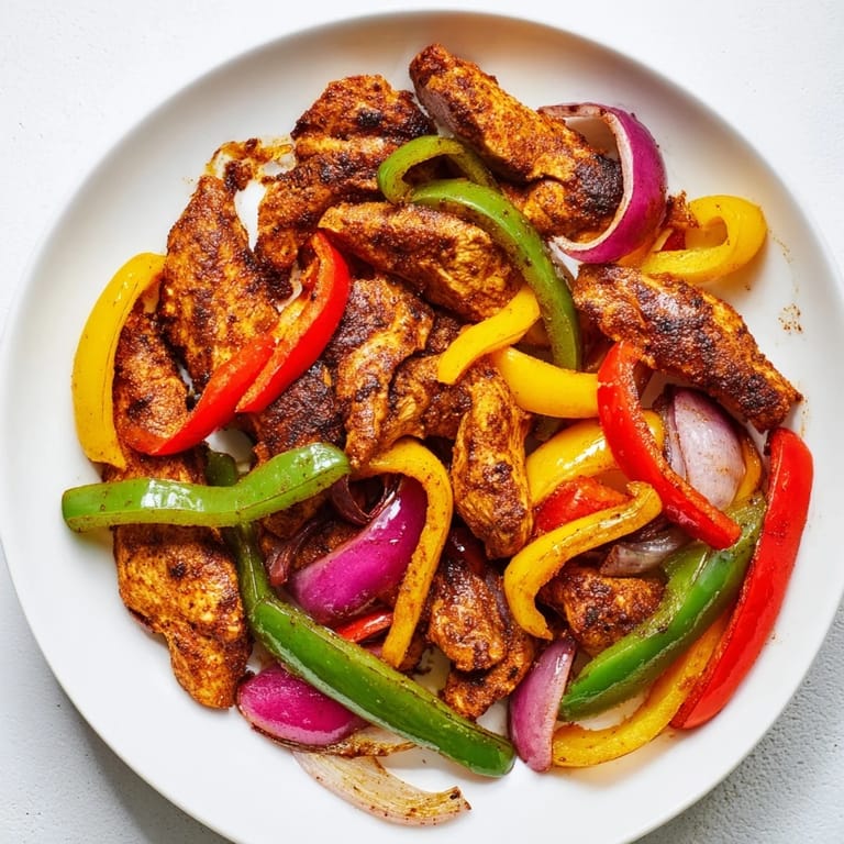 Die fertigen Sheet-Pan Chicken Fajitas sind voller farbenfrohem Gemüse und würzigem, gebratenem Hühnchen.