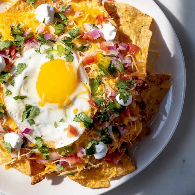 Knusprige Tortilla-Chips mit herzhaft belegten Egg-Topped Breakfast Nachos, bedeckt von geschmolzenem Käse und Spiegeleiern.