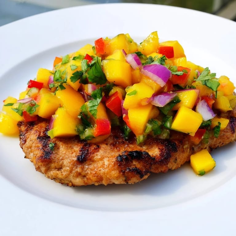 Grilled Mango Salsa Chicken topped with colorful salsa, ready for a flavorful, gluten-free meal.