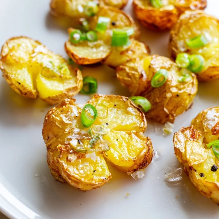 Oven-roasted Smashed Green Onion Potato Bombs, with visible crispy edges, and drizzled with green onion oil.