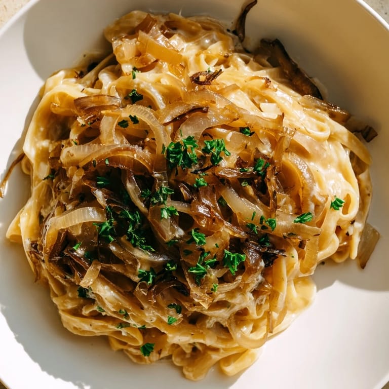 Golden, caramelized onions simmer in a pot with fettuccine for this flavorful French onion pasta.