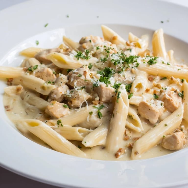A photo of creamy, golden Quick Garlic Parmesan Chicken Pasta, ready to serve with fresh parsley.