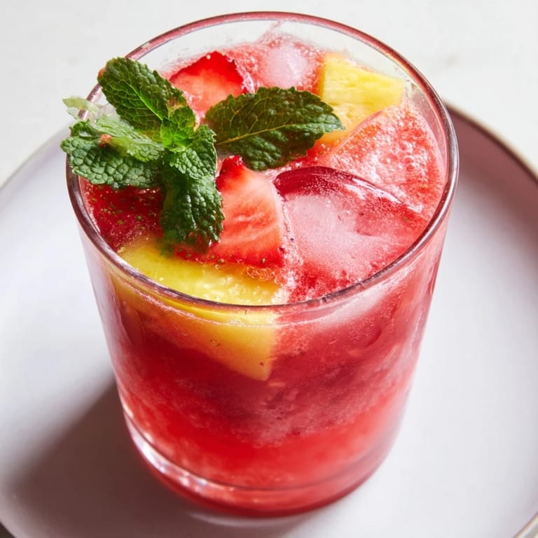Close-up of a DIY fruit refresher drink with fresh strawberries, perfect for a hot day.