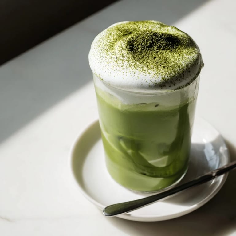 Frothy cold foam tops a bright green creamy matcha latte, perfect for a refreshing treat.