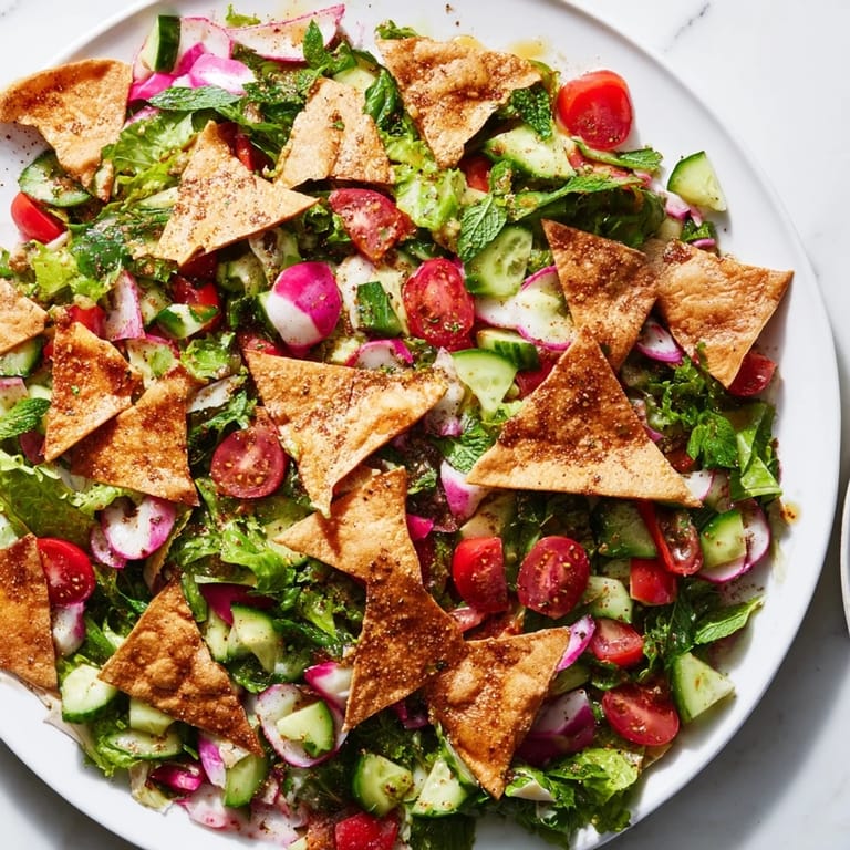 Vibrant Lebanese Fattoush Salad with toasted pita chips, a fresh and flavorful Middle Eastern dish.