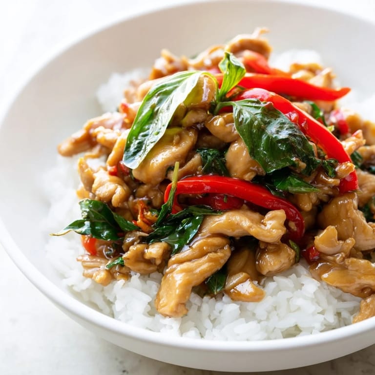 Delicious Thai Basil Chicken Bowls with vibrant basil and savory sauce, perfect for a flavorful weeknight meal.