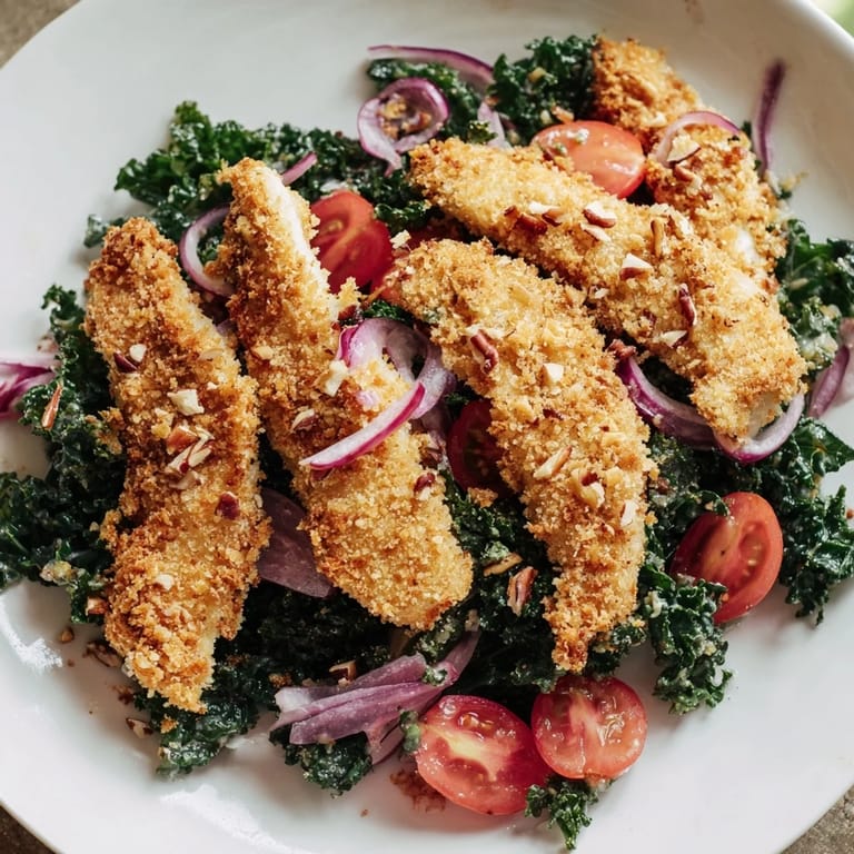 Saftiges, goldbraun gebratenes Hähnchen auf einer frischen Grünkohlsalat-Basis mit milder Maple-Dijon-Vinaigrette serviert.