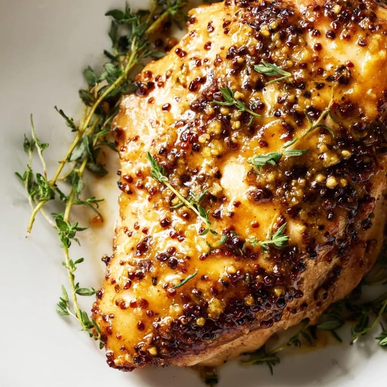 Honey Dijon Chicken Skillet mit goldbraunen Hähnchenstücken, serviert auf einem Holzbrett und umgeben von aromatischen Kräutern.