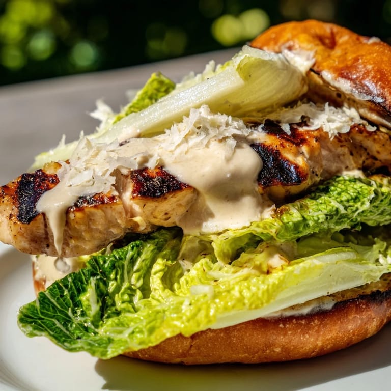 Frisch zubereitetes Caesar Chicken Sandwich mit Käse und Dressing, perfekt für Mittagessen und Picknicks.