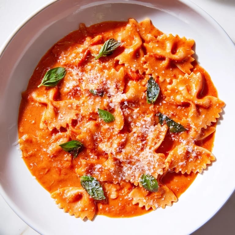 Frisch gekochte Tomato Basil Bowtie Pasta mit Parmesan und Basilikumblättern garniert.  