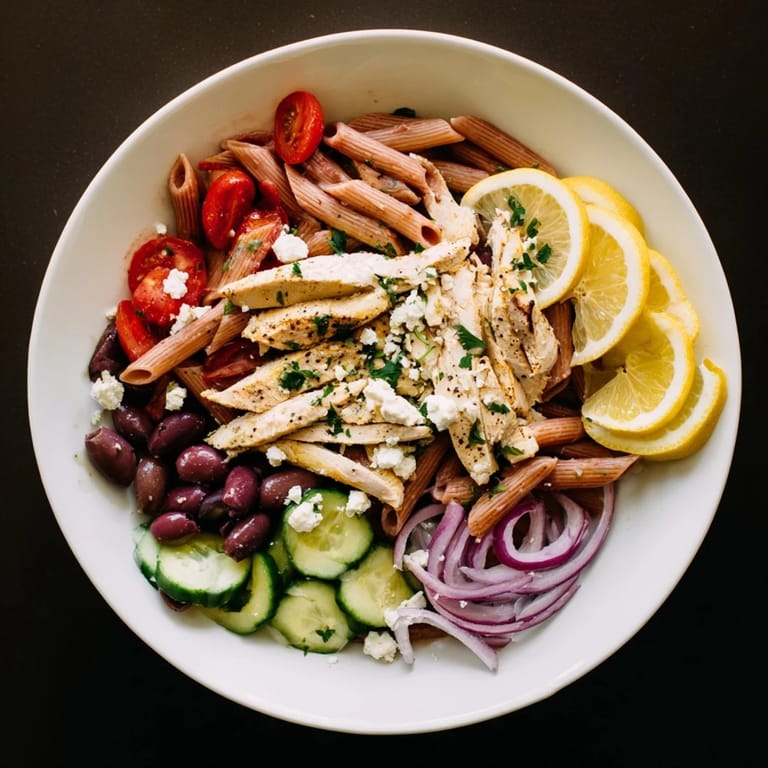 Griechischer Hühnchen-Pasta-Bowl mit knusprigem Gemüse und Feta – ein frisches, mediterranes Mittagessen.  