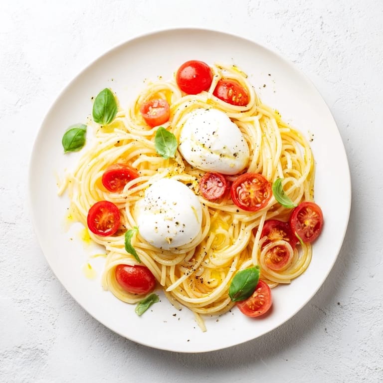 Close-up photo of Burrata Caprese Pasta, featuring creamy burrata cheese melting into warm spaghetti for a delicious meal.