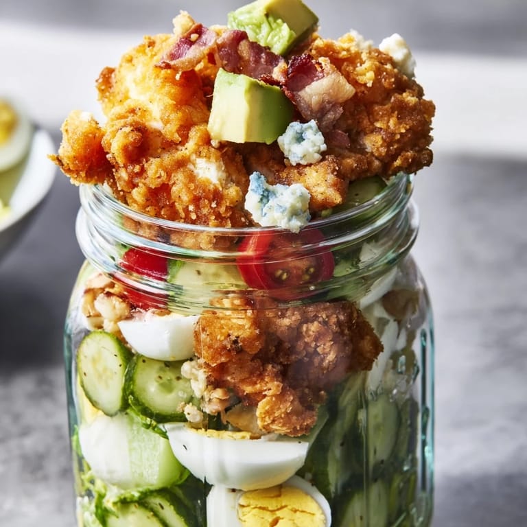Fresh Crispy Chicken Cobb Jar Salad featuring crunchy romaine, cucumbers, tomatoes, and creamy avocado layers.