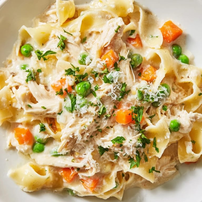Ein familiengerichteter Frühlings-Hühnchen-Nudel-Skillet mit goldbraunen Nudeln, Parmesan-Kruste und frisch gehackter Petersilie, direkt aus der heißen Pfanne serviert.