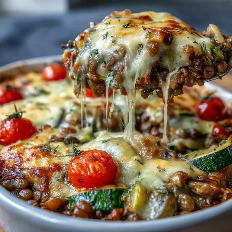 Veganes Gratin mit Linsen und Gemüse, eine sättigende vegetarische Hauptmahlzeit.