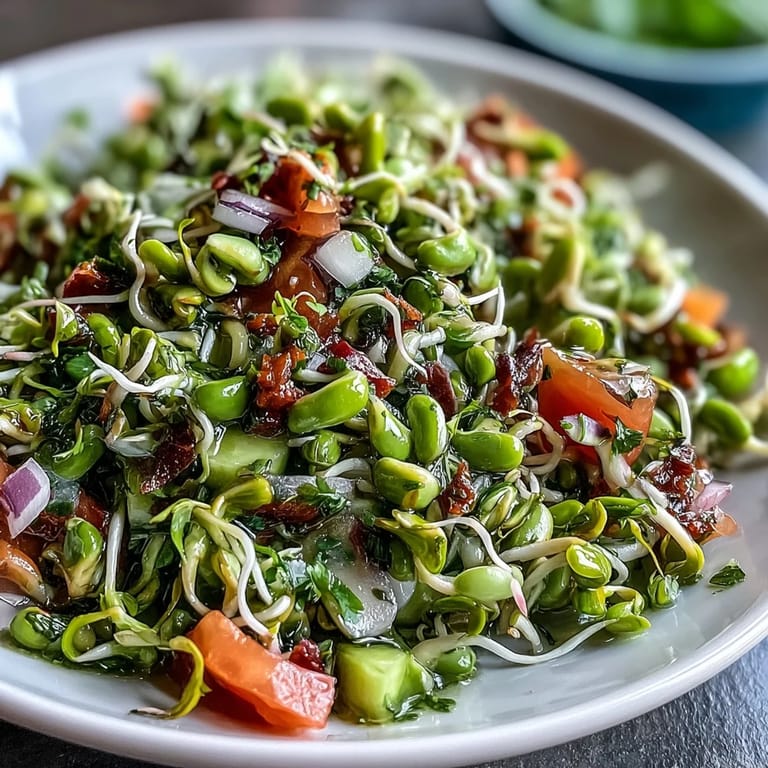 Farbenfroher Sprouted Seed Salad mit spröden Sprossen, Karottenraspeln und einem zitronigen Dressing.