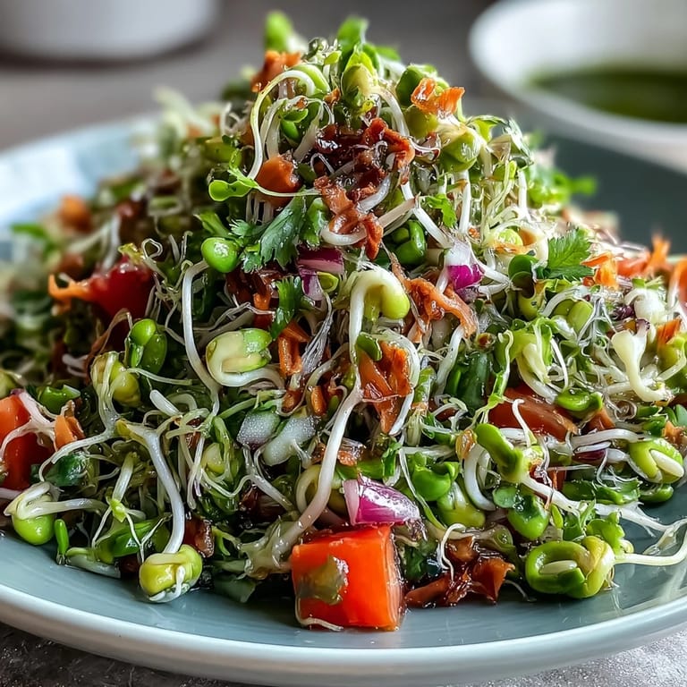 Leichter Sprouted Seed Salad als erfrischendes Seitengericht mit kräuterigem Koriander und feinem Zwiebelkick.