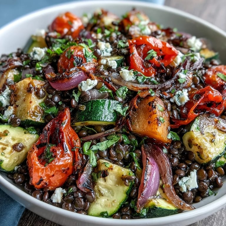 Gemütliches Black Lentil Salad mit geröstetem Gemüse für ein leichtes Abendessen.