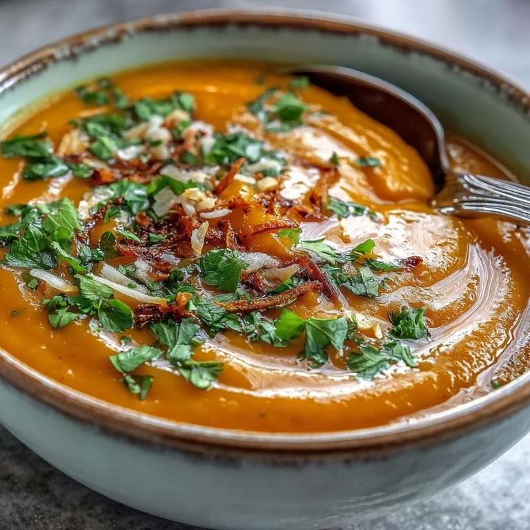 A bowl of Carrot and Coconut Soup beside warm naan bread.