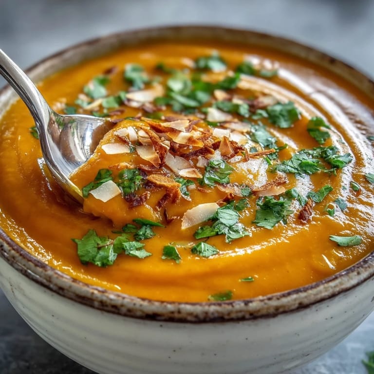 Smooth Carrot and Coconut Soup in a rustic bowl with lime wedge.