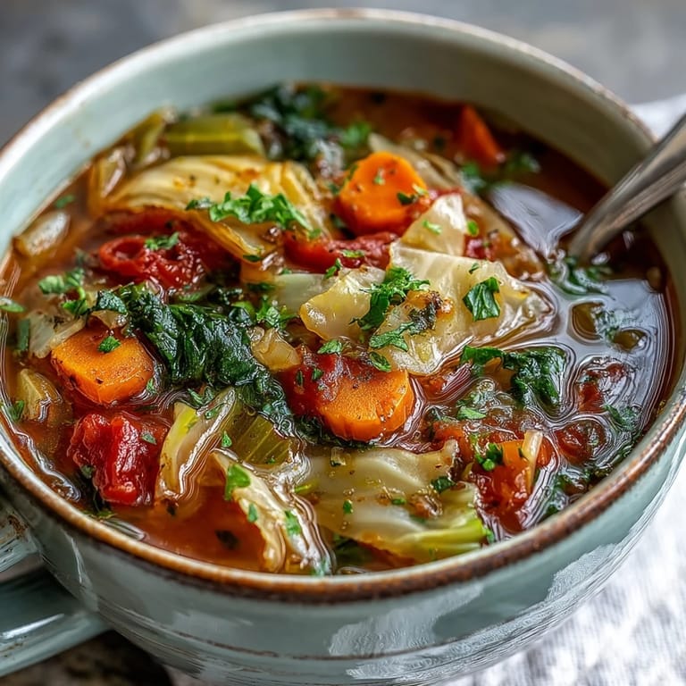 Cabbage Soup serviert in weißer Schüssel mit Löffel, belegtes Brot und Gabel daneben