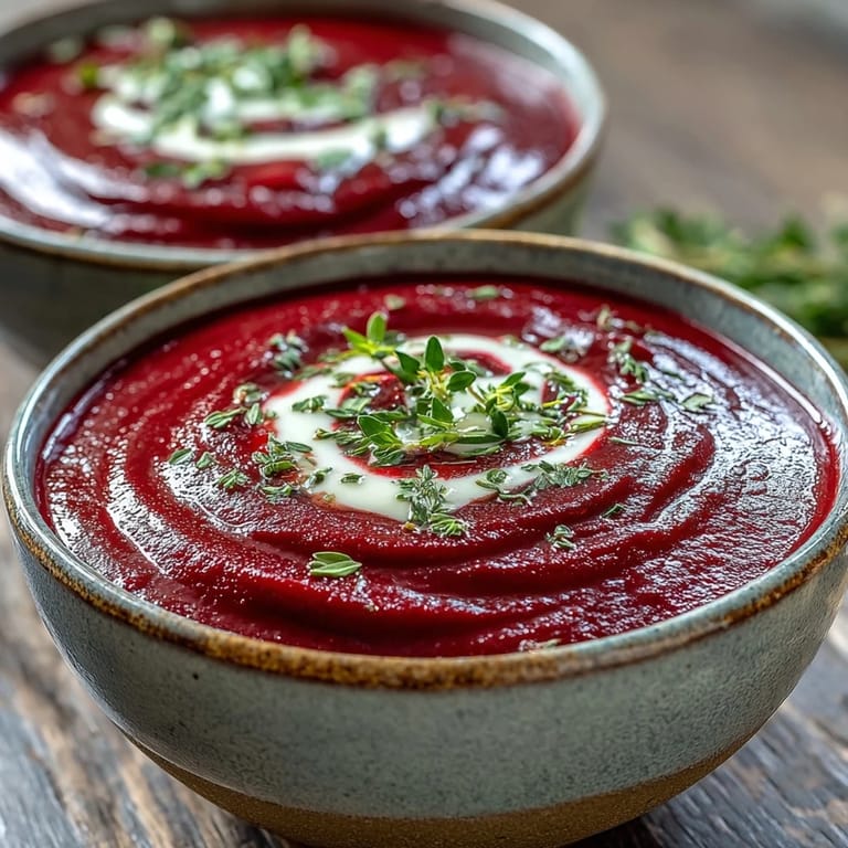 Veloutige Rote-Bete-Suppe, im Ofen geröstet, cremig püriert und mit einem Klecks Sahne verziert.