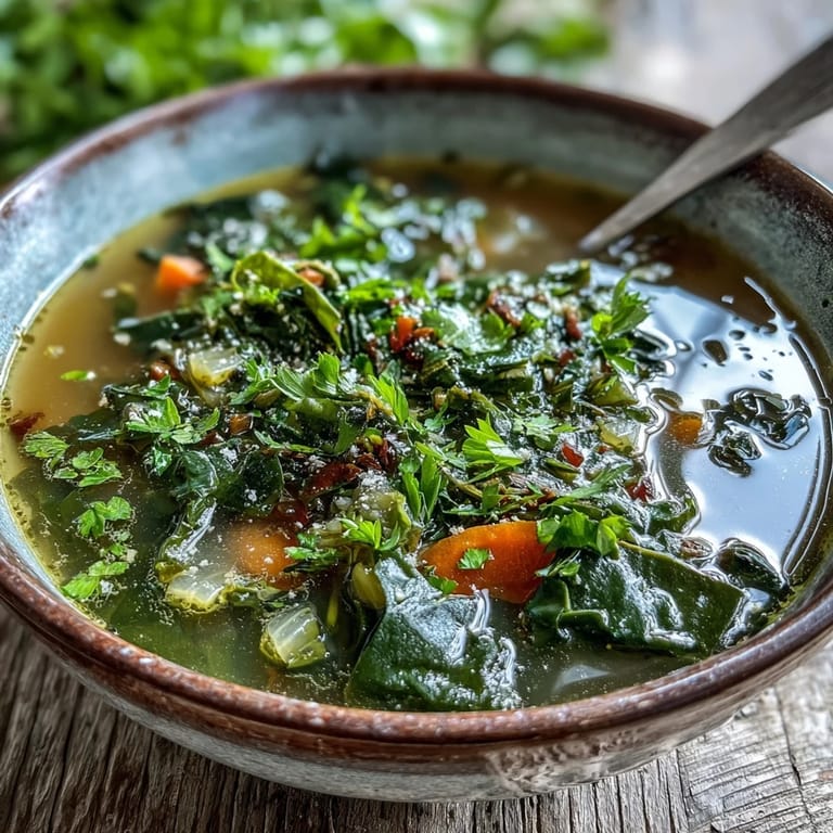 Spoon lifting vibrant Swiss Chard Soup with garlic, perfect for a cozy vegetarian dinner.